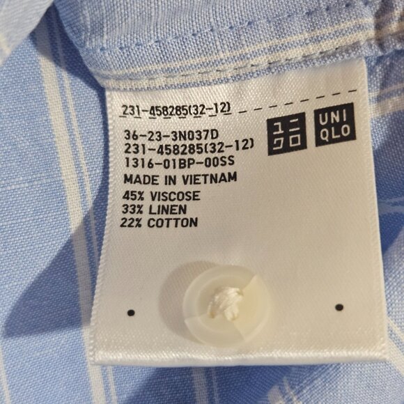 Uniqlo Women's Shirt L Blue Linen Blend Band Collar 3/4 Sleeve Striped Scandi - Picture 3 of 9